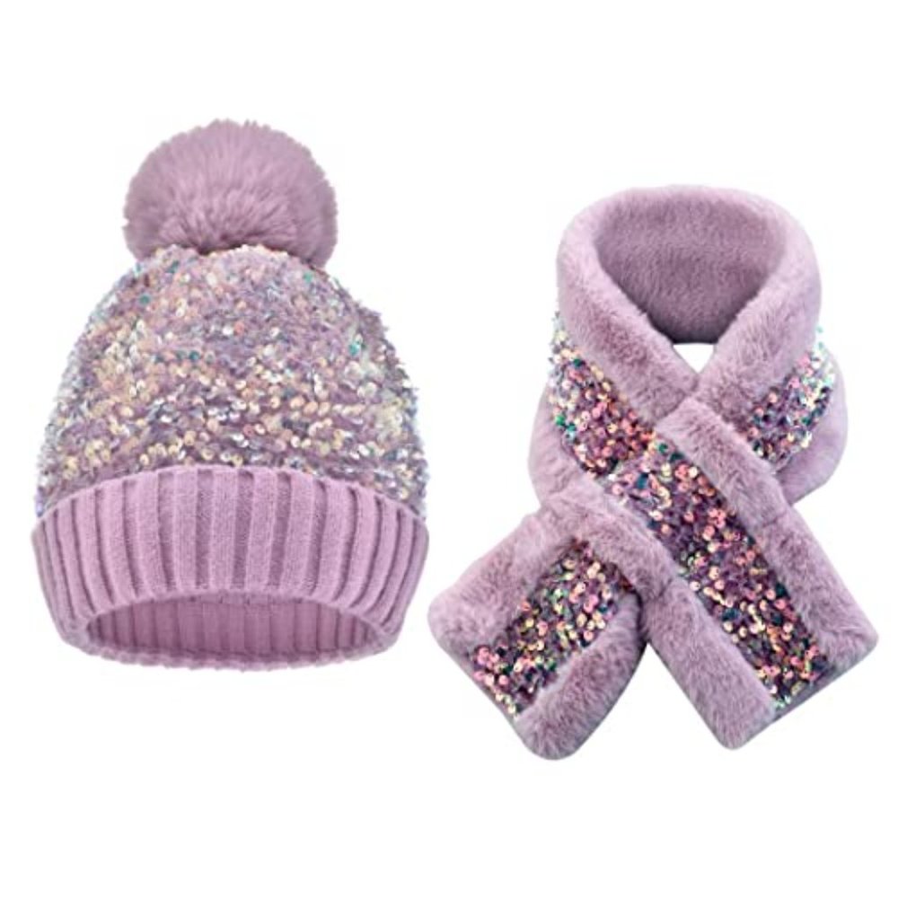 NEW - Girl's Winter Knit Hat And Scarf Set Warm Faux Fur Pom Pom Hat Scarf